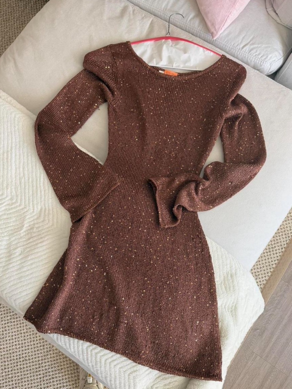 Long-Sleeve Metallic Knit Mini Dress - Brown - Picture 5 of 6